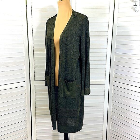 Chico's Cardigan Duster Size 2 Large Size 12 Mix Stitch Olive Green Lightweight - Picture 6 of 16